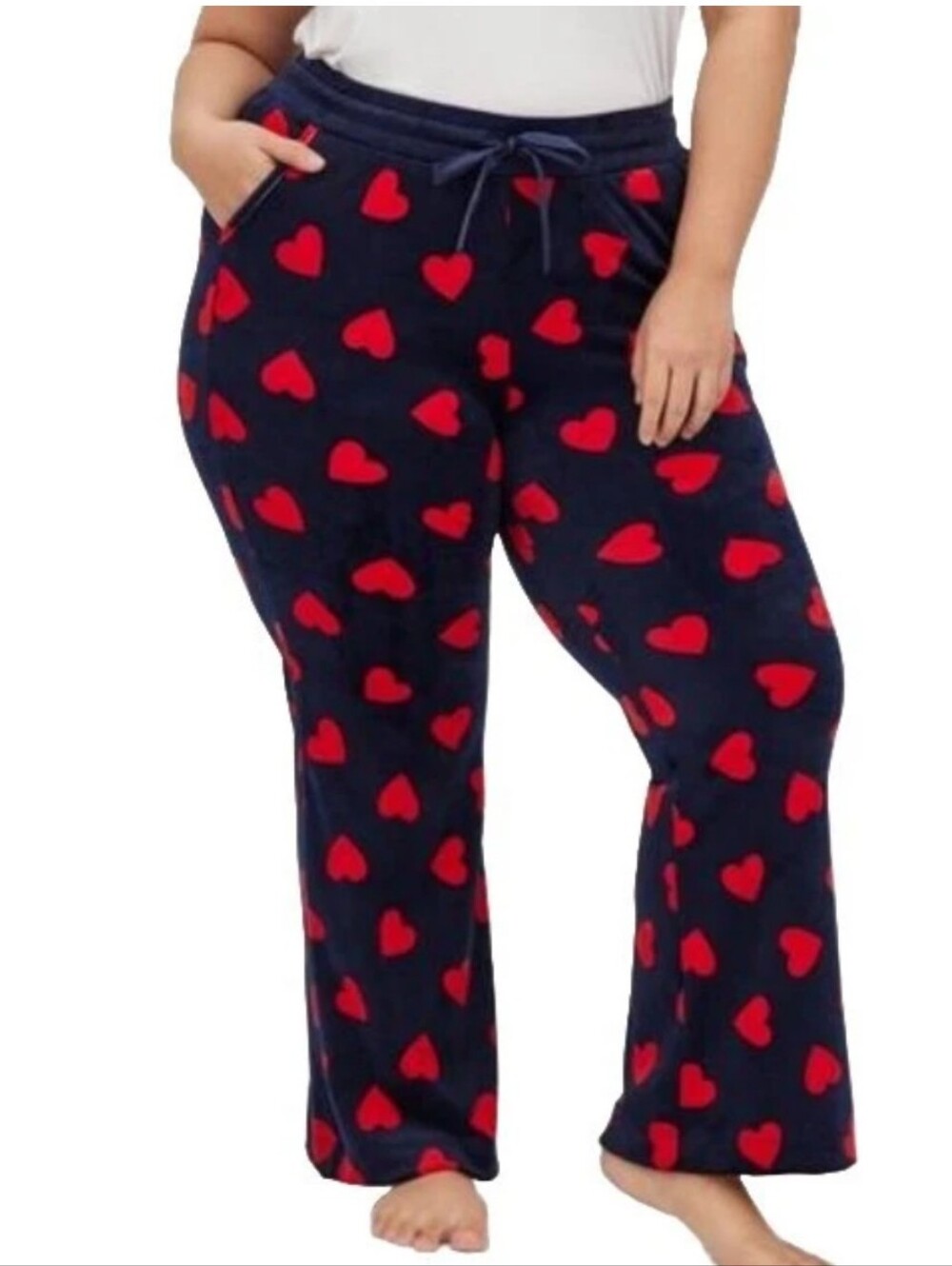 Torrid Lounge Joggers Woman 1X XL Velour Navy Blue Red Hearts Bootcut Pockets